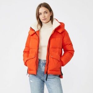 Anna Cai Red Quilted Puffer Jacket Sherpa Lined Hood Size Small